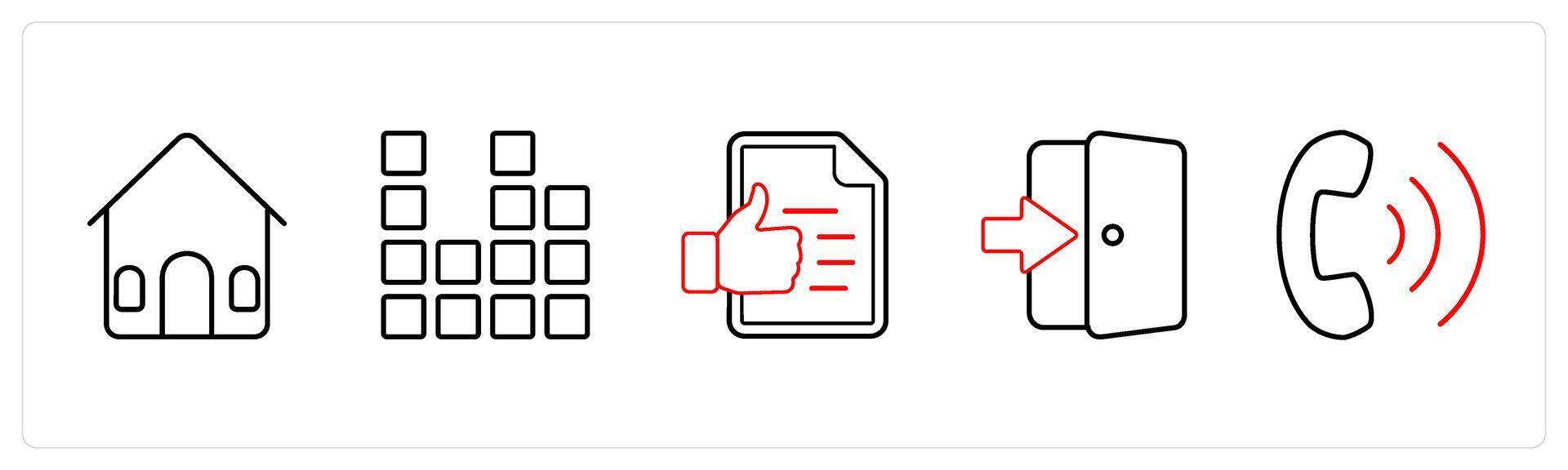 A set of 5 mix icons as house, diagram, agreement in red line color vector