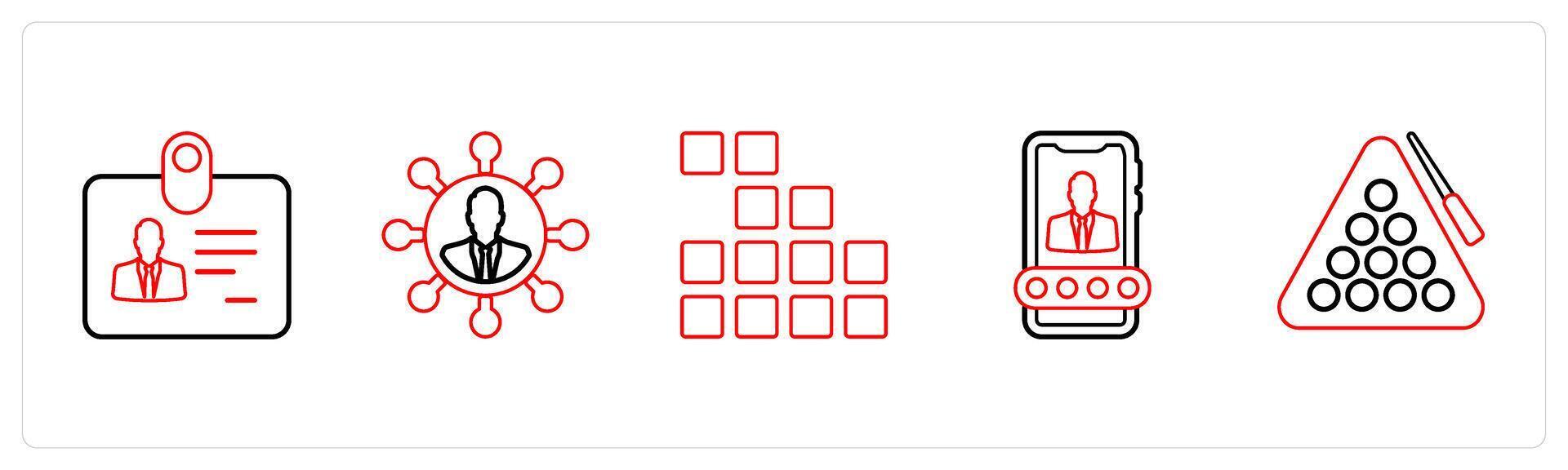 A set of 5 mix icons as identification card, user network, application in red line color vector