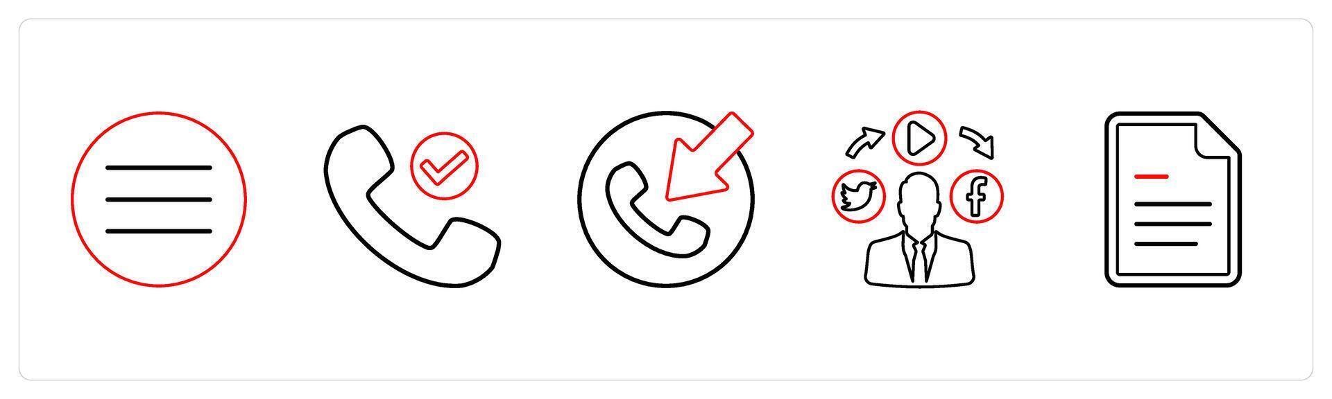 A set of 5 mix icons as mobile menu, right contact, contact in red line color vector