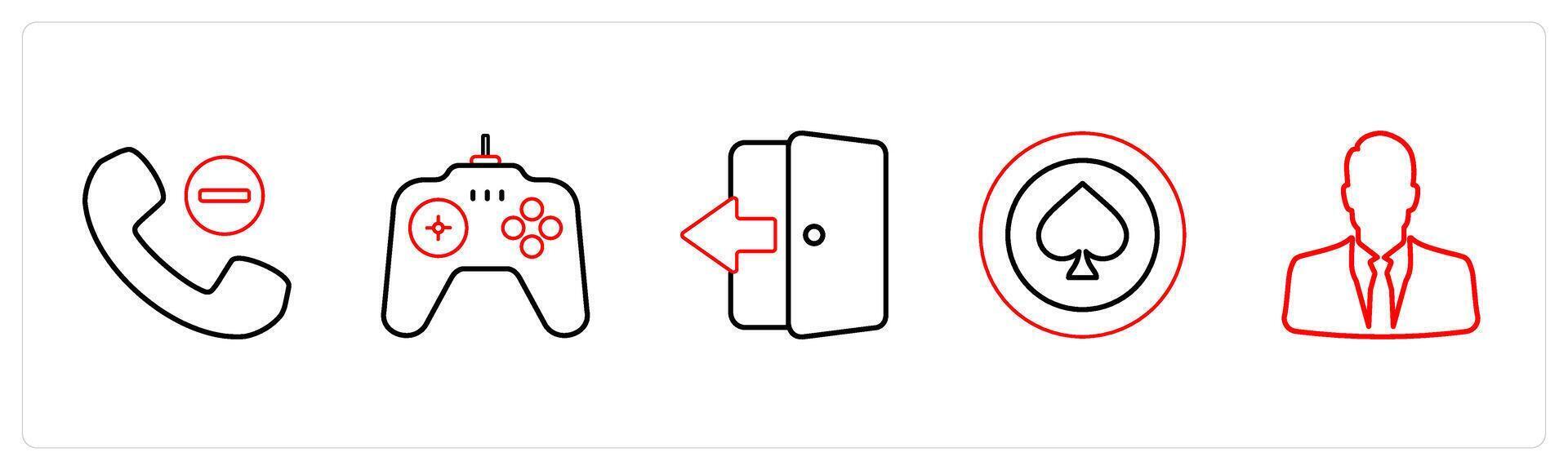 A set of 5 mix icons as remove contact, game, tablet in red line color vector