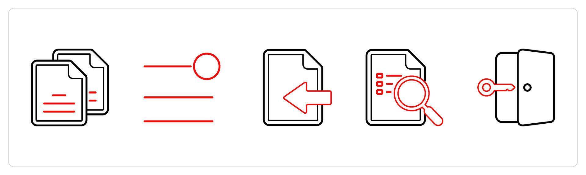 A set of 5 mix icons as duplicate copy, notification bar, document received in red line color vector