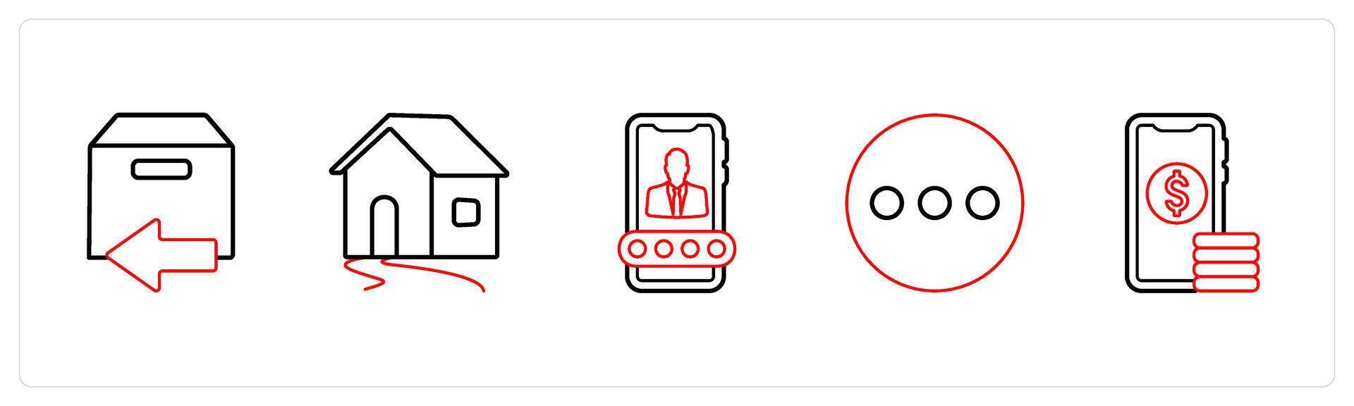 A set of 5 mix icons as returned parcel, home, user account in red line color vector