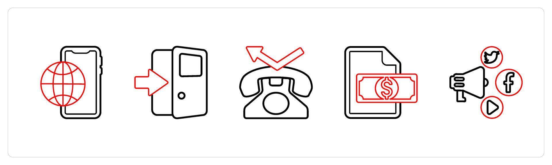 A set of 5 mix icons as digital media, exit door, contact in red line color vector