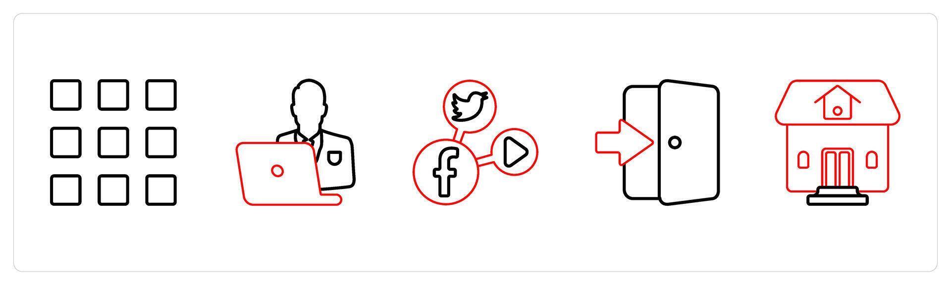 A set of 5 mix icons as square grid, busy man, social media in red line color vector