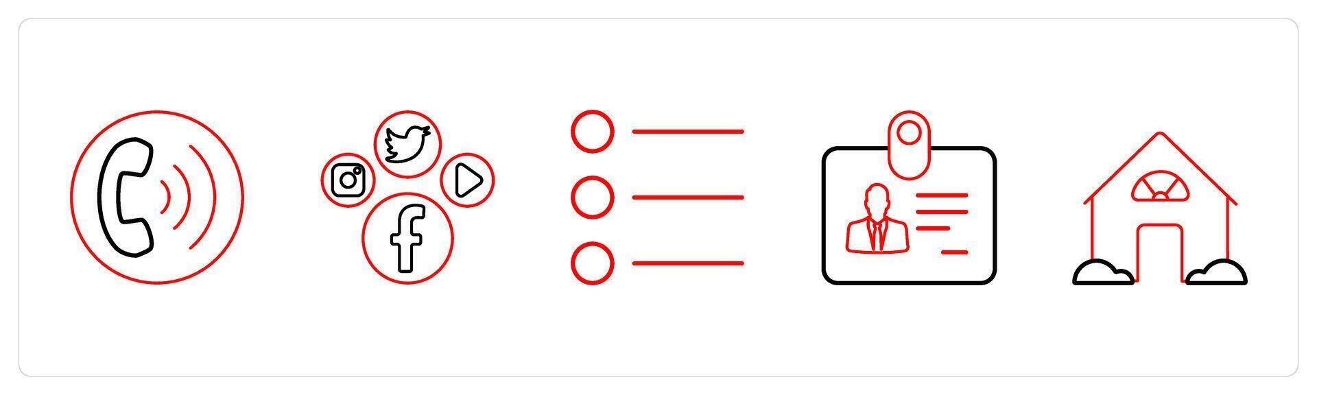 A set of 5 mix icons as calling, social media, list bullets in red line color vector