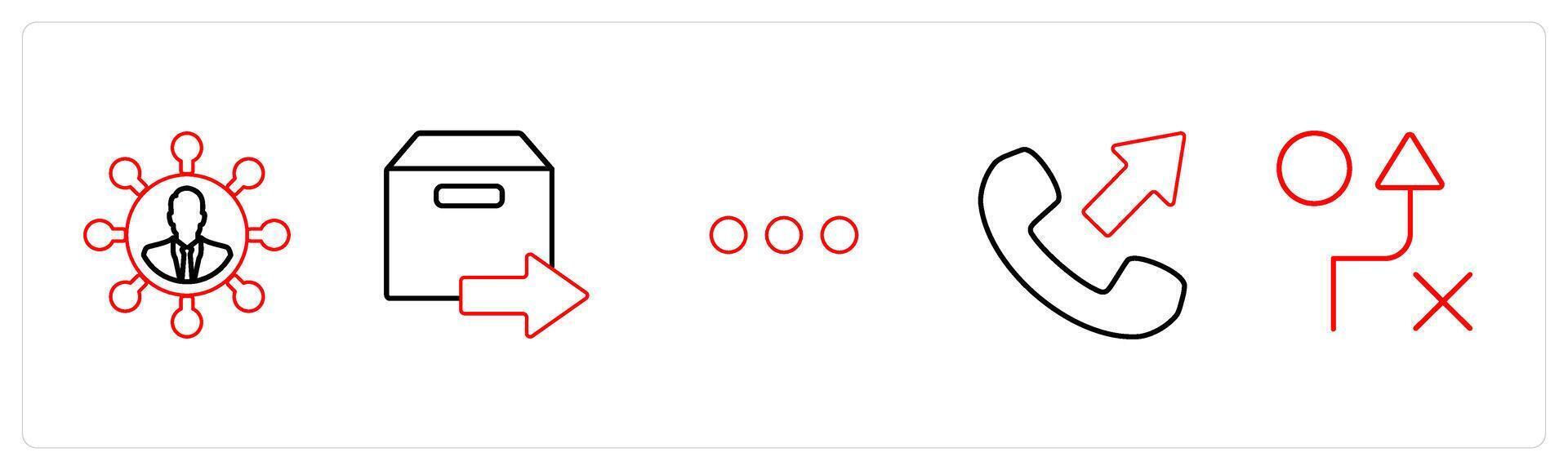 A set of 5 mix icons as user network, forward parcel, dots in red line color vector