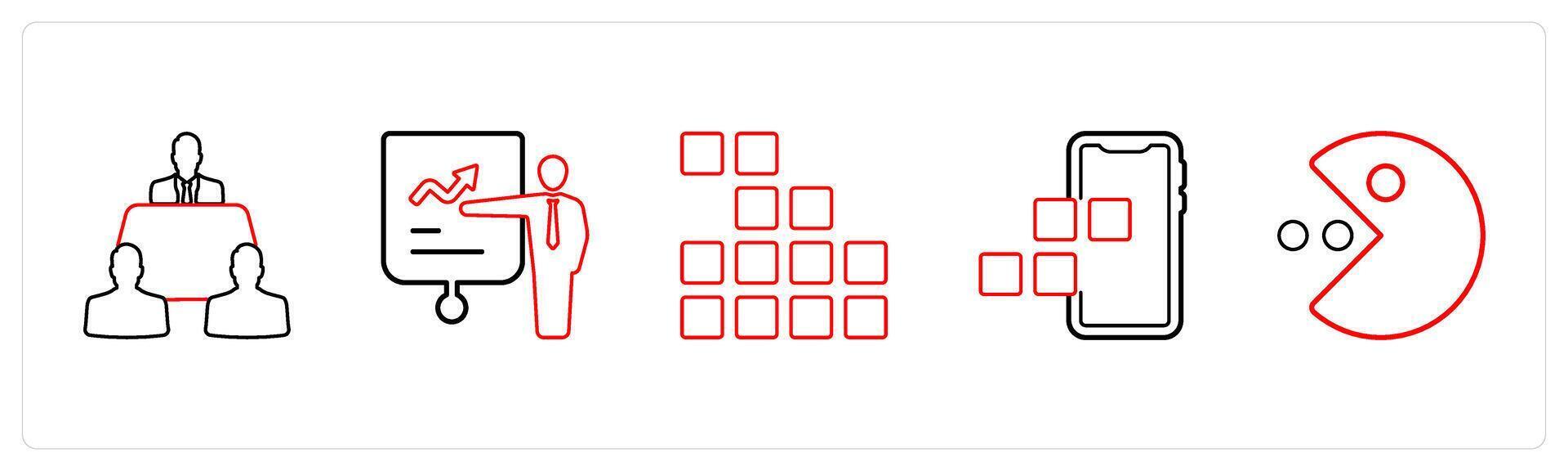 A set of 5 mix icons as meeting room, presentation, application in red line color vector