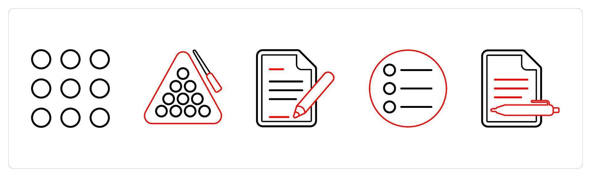 A set of 5 mix icons as dots grid, game, edit details in red line color vector
