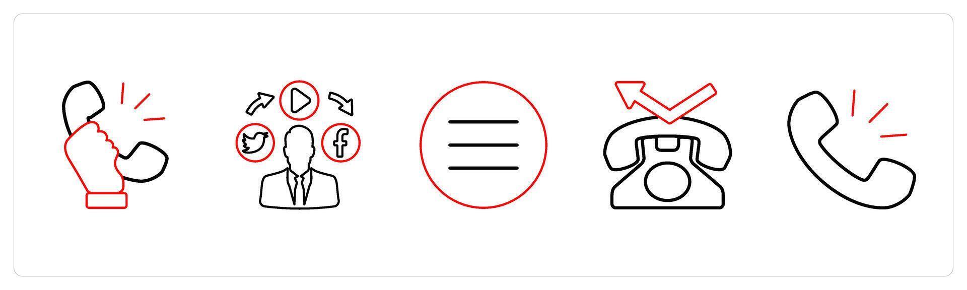 A set of 5 mix icons as receiver, social media, menu bar in red line color vector