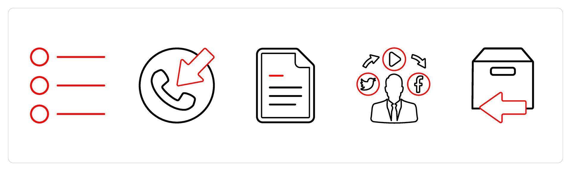 A set of 5 mix icons as list bullets, contact, article sheet in red line color vector