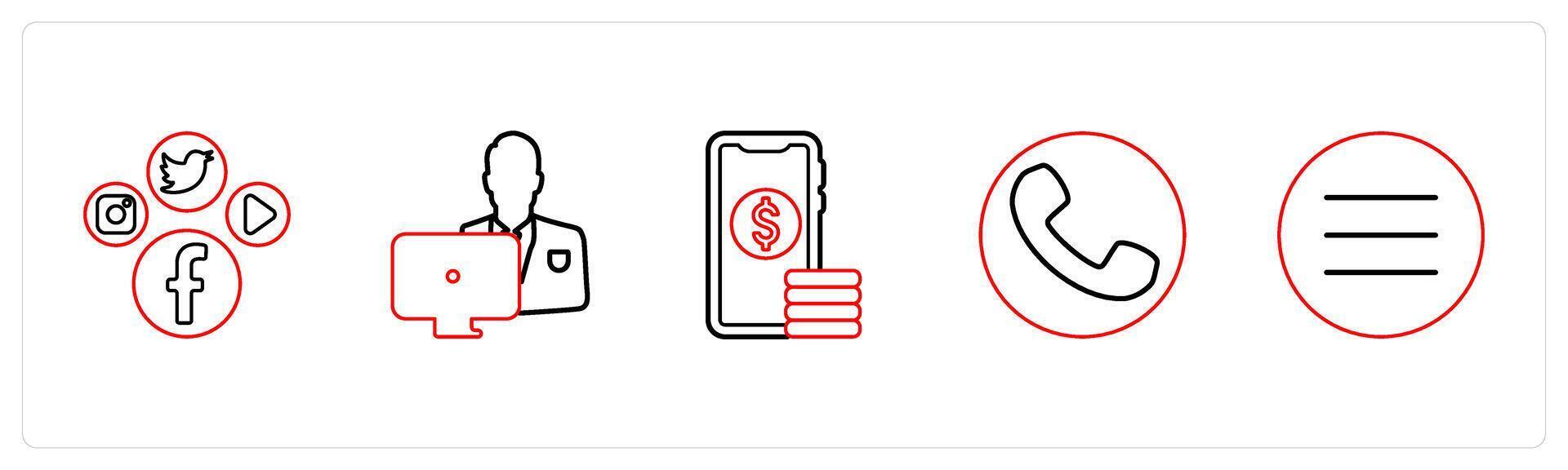 A set of 5 mix icons as social media, working man, digital money in red line color vector
