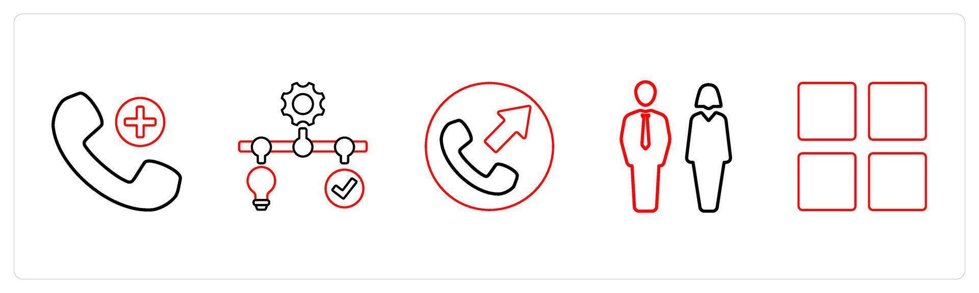 A set of 5 mix icons as add call, solution management, call forward in red line color vector