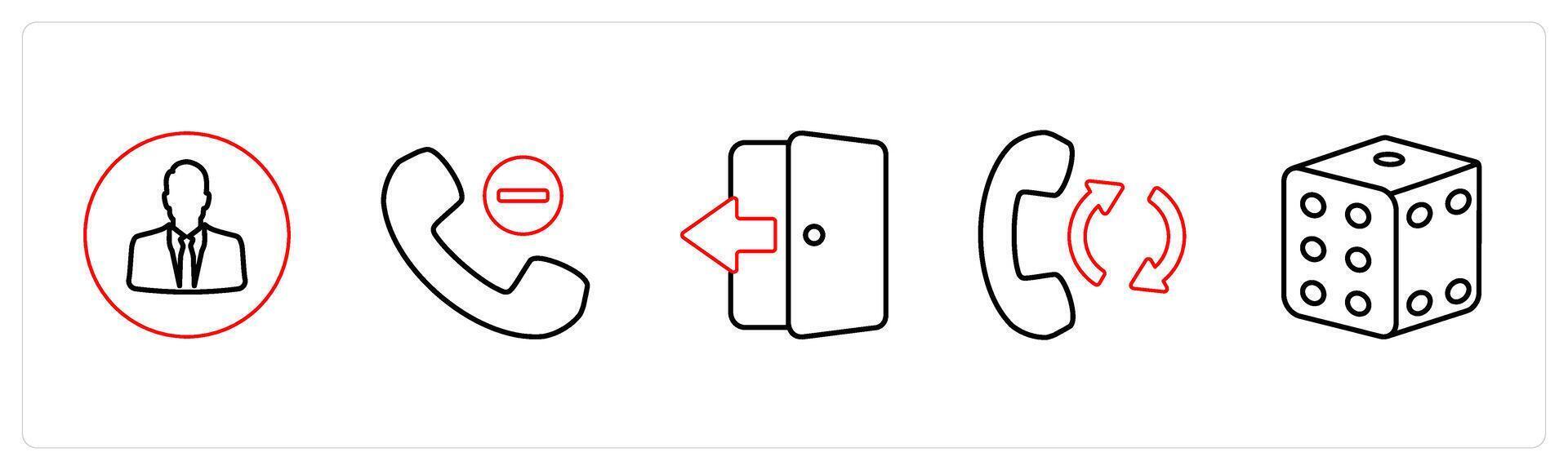 A set of 5 mix icons as user profile, remove contact, door enter in red line color vector