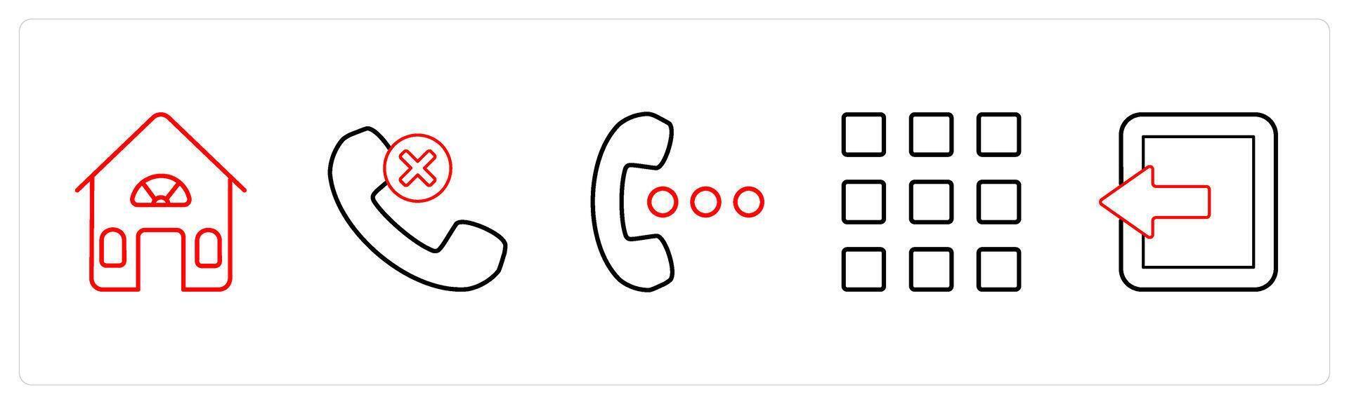 A set of 5 mix icons as house, wrong call, speaker in red line color vector