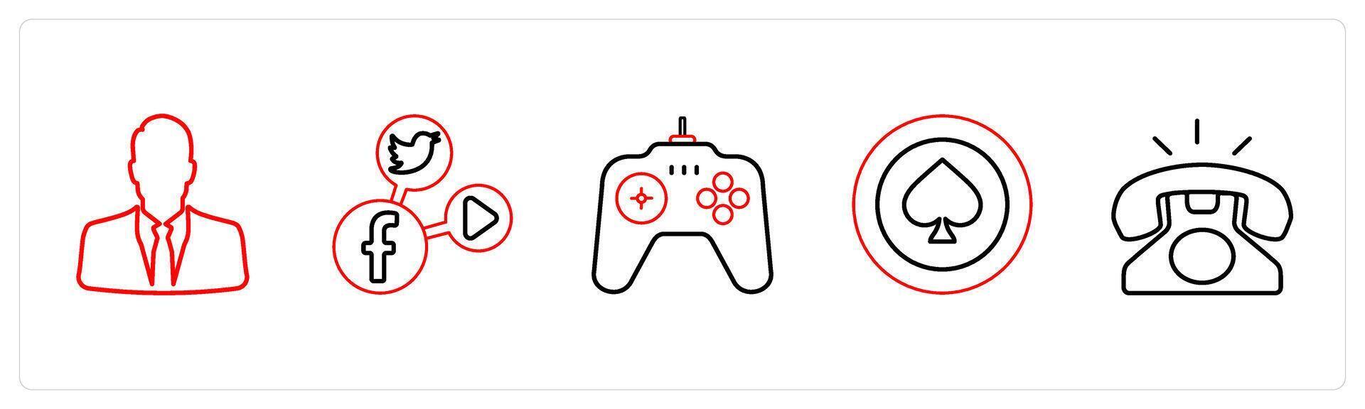 A set of 5 mix icons as man, social media, game in red line color vector