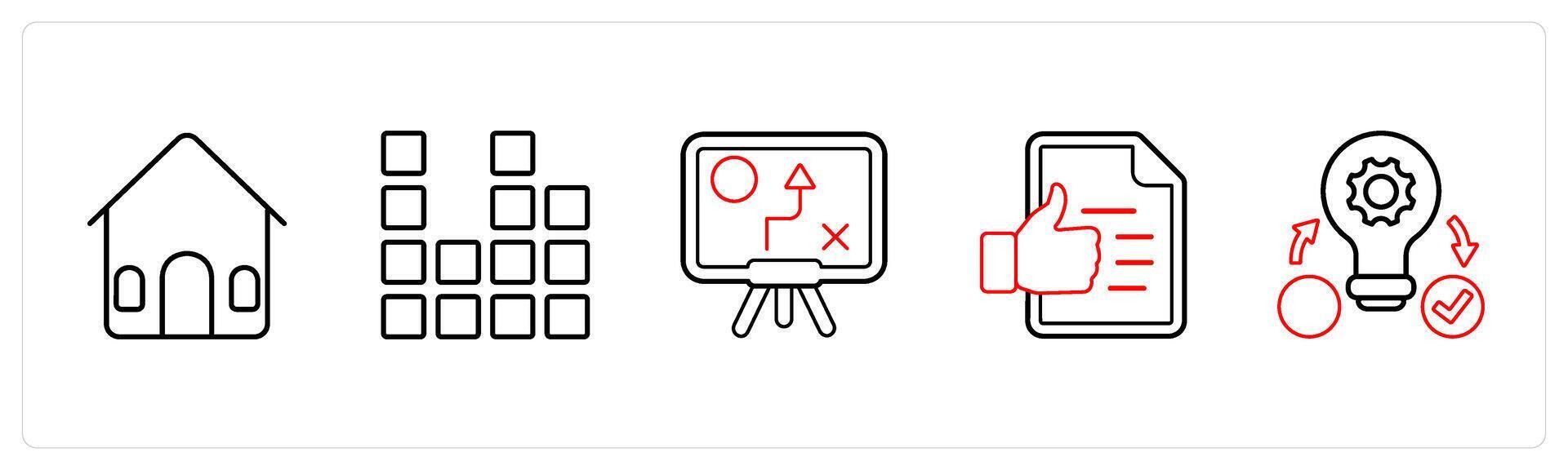 A set of 5 mix icons as house, diagram, solution in red line color vector