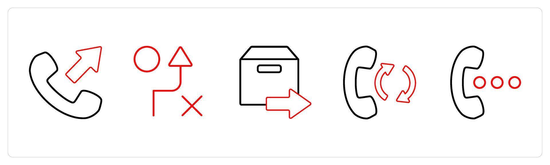 A set of 5 mix icons as call forward, wrong route, forward parcel in red line color vector