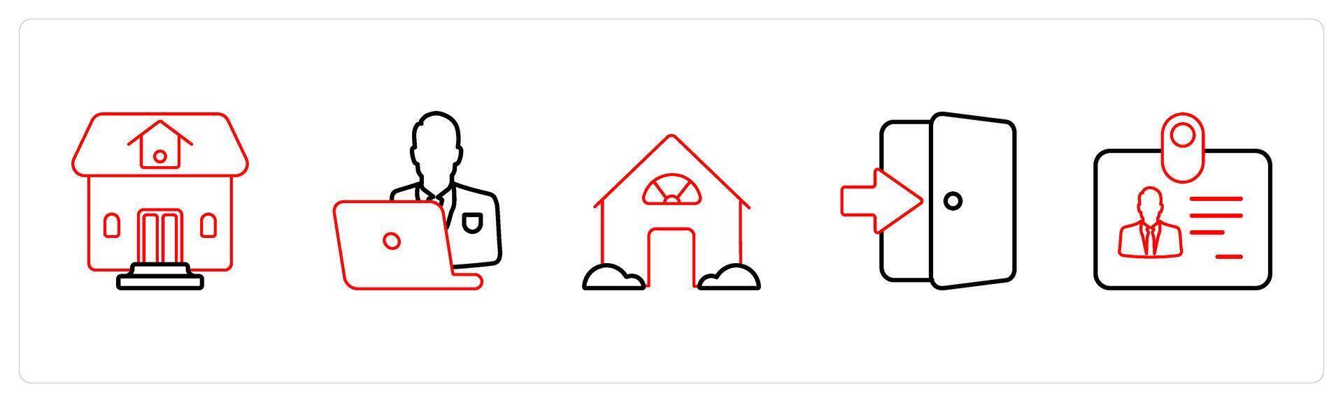 A set of 5 mix icons as residential property, house in red line color vector