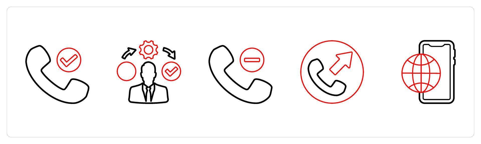 A set of 5 mix icons as right contact, right management, remove contact in red line color vector