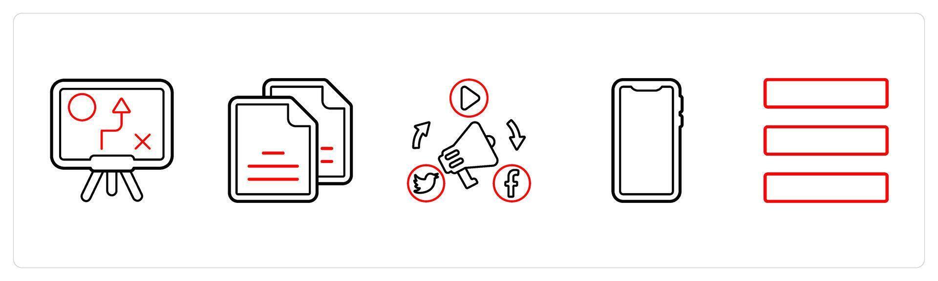 A set of 5 mix icons as solution, duplicate copy, social media advertisement in red line color vector