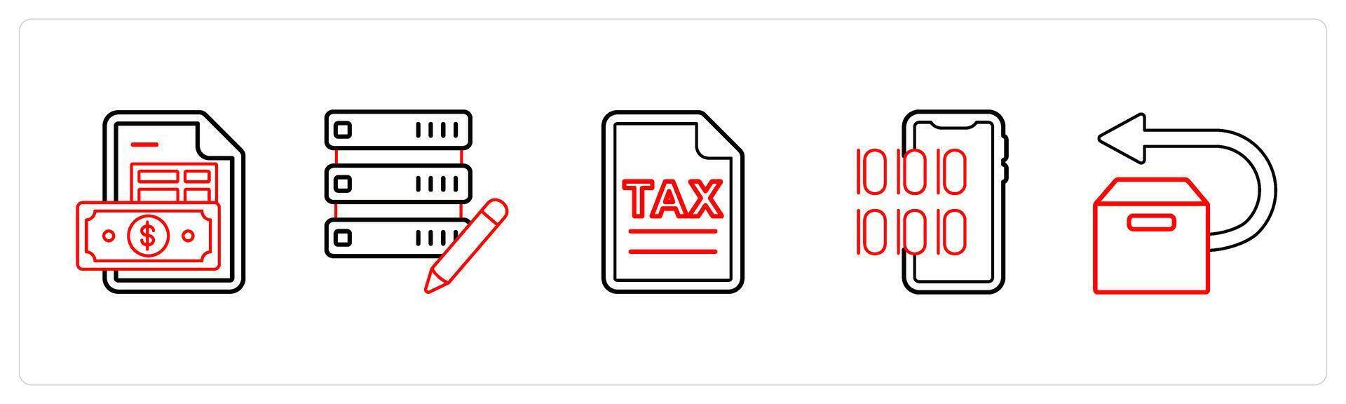A set of 5 mix icons as invoice, edit server, programming in red line color vector