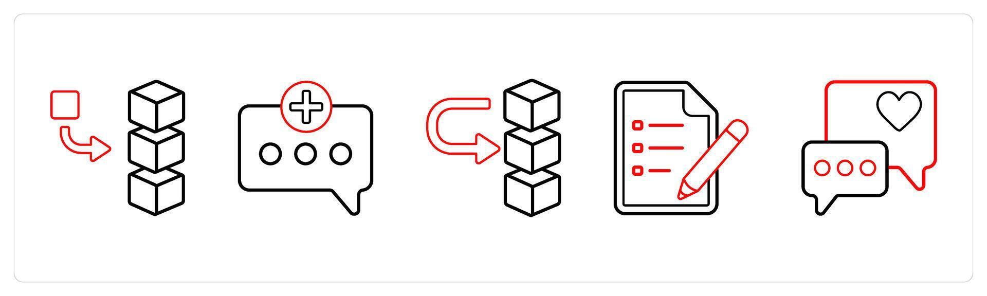 A set of 5 mix icons as add stack, add message, move drive data in red line color vector