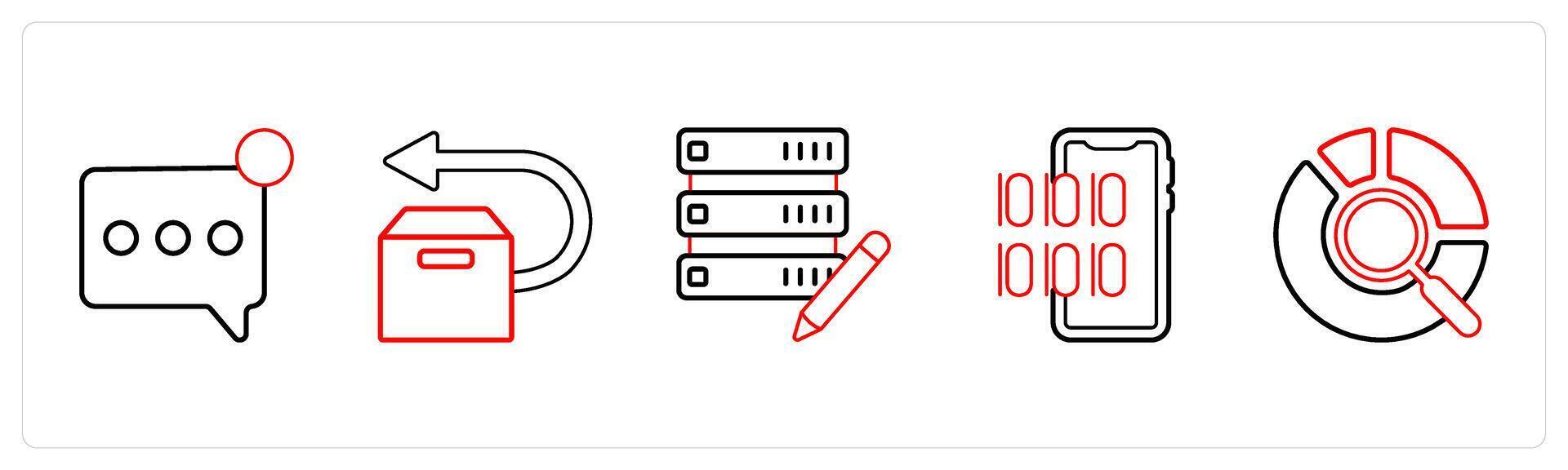 A set of 5 mix icons as notification, forward box, edit server in red line color vector