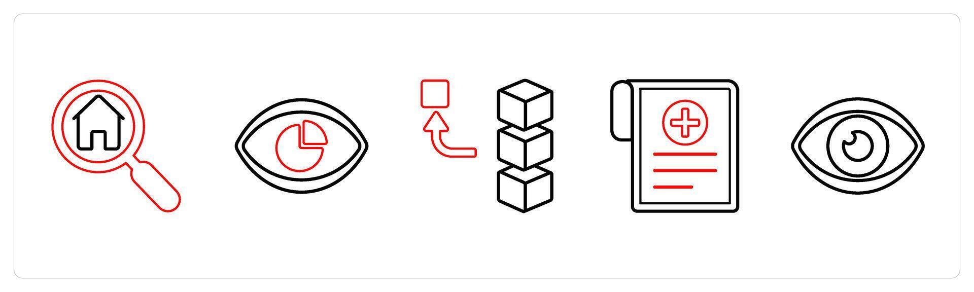 A set of 5 mix icons as home search, performance vision, remove stack in red line color vector