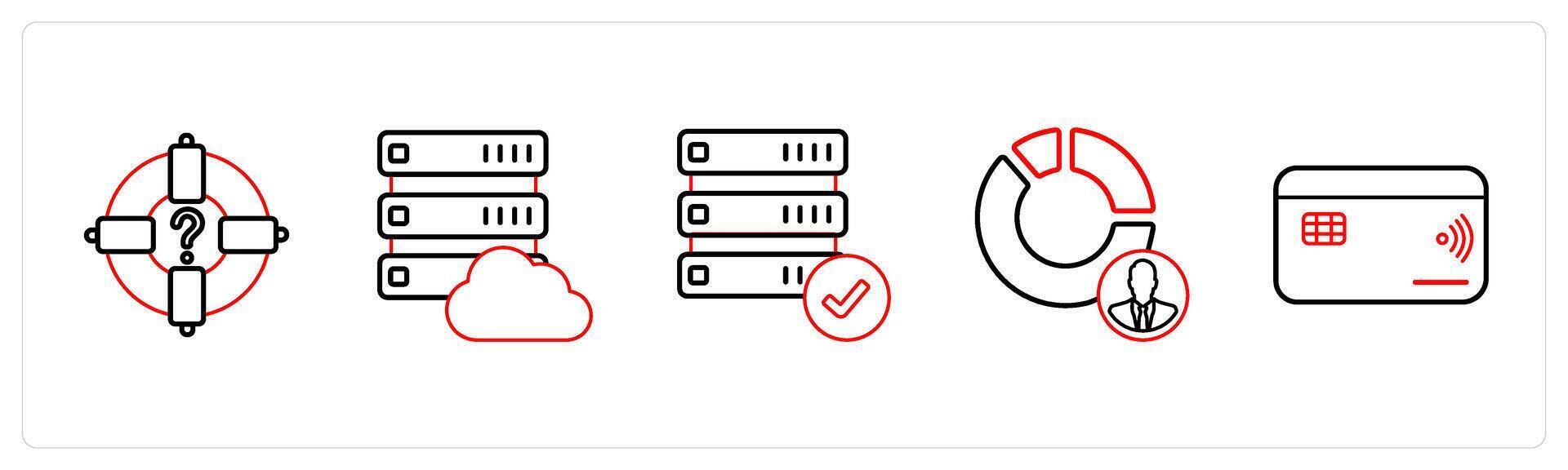 A set of 5 mix icons as target, cloud drive, verified drive in red line color vector