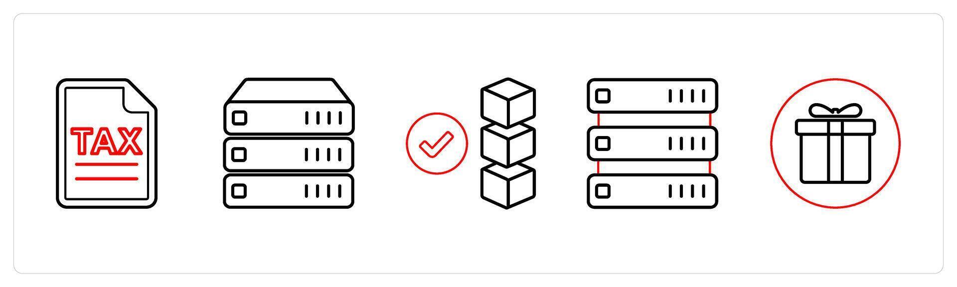 A set of 5 mix icons as invoice, server, verified drive in red line color vector