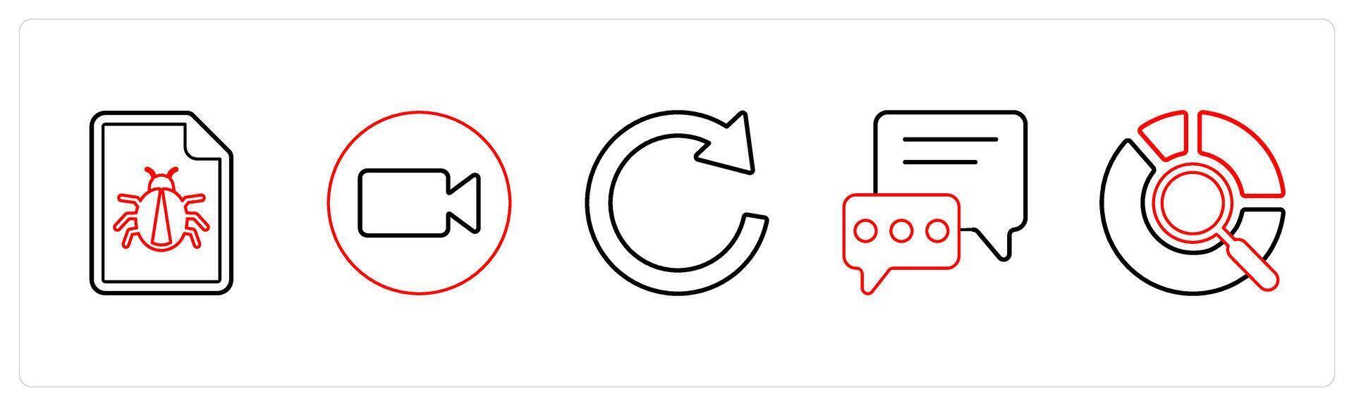 A set of 5 mix icons as bug, call, refresh in red line color vector