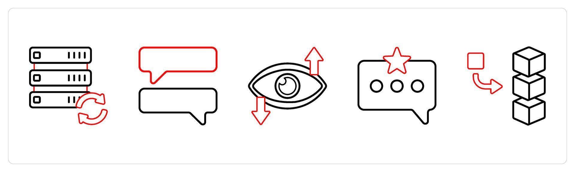 A set of 5 mix icons as drive refresh, chat, vision in red line color vector