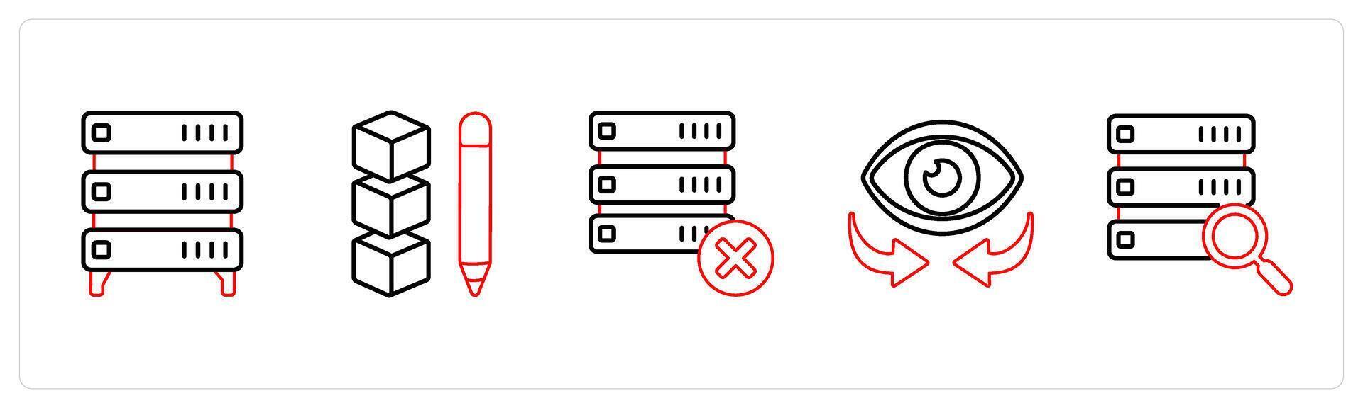 un conjunto de 5 5 mezcla íconos como servidor, editar conducir datos, Eliminar datos en rojo línea color vector