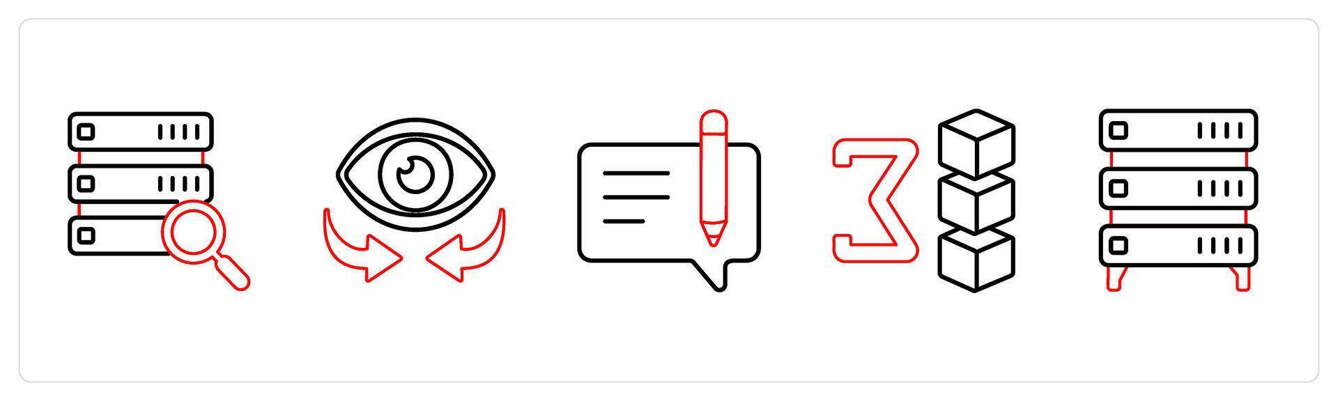 A set of 5 mix icons as search data, vision, edit message in red line color vector
