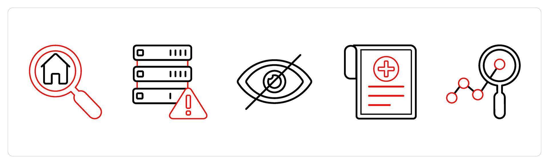 A set of 5 mix icons as home search, error in drive, hide in red line color vector