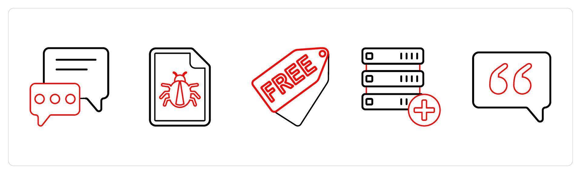A set of 5 mix icons as communication, bug, free in red line color vector