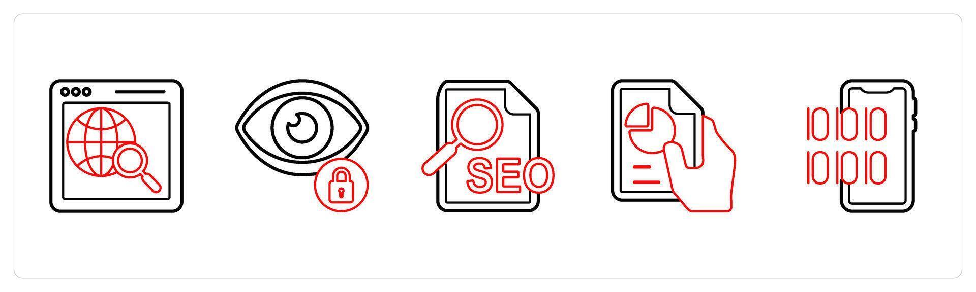 A set of 5 mix icons as global search, privacy, seo in red line color vector