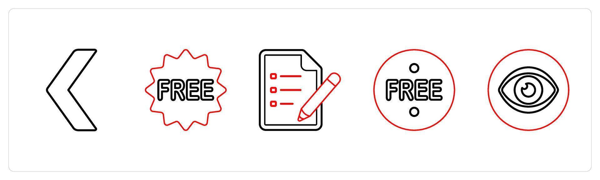 A set of 5 mix icons as back, free, text document in red line color vector