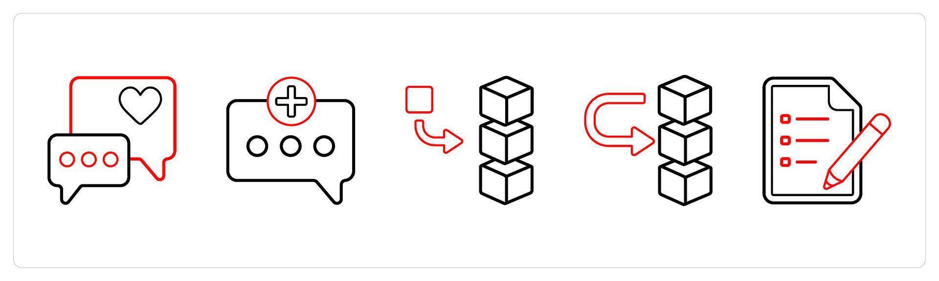 A set of 5 mix icons as positive comment, add message, add stack in red line color vector