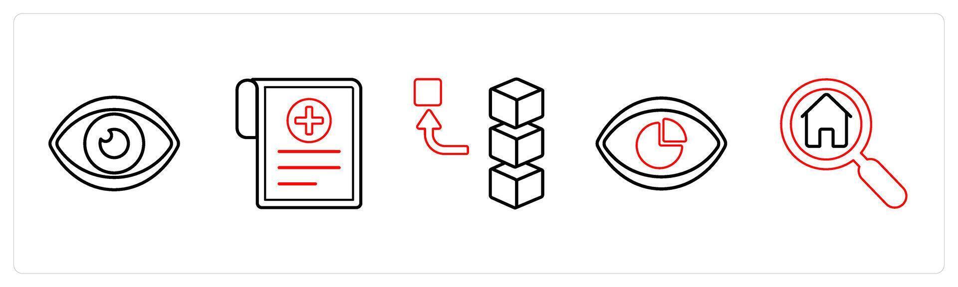 A set of 5 mix icons as vision, medical reports, remove stack in red line color vector