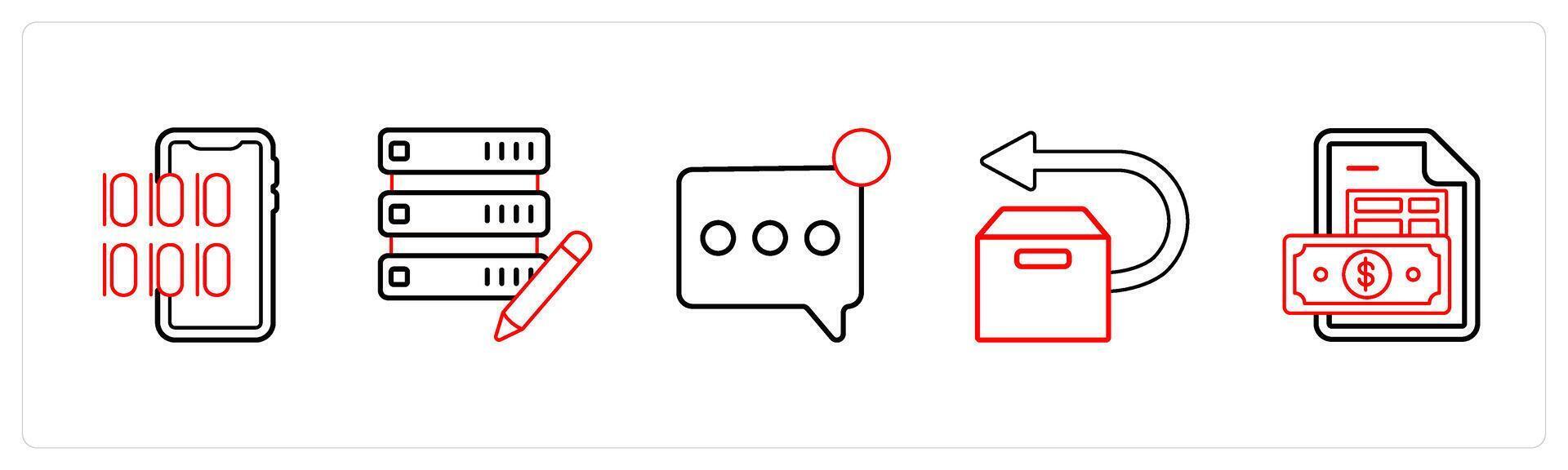 A set of 5 mix icons as programming, edit server, notification in red line color vector