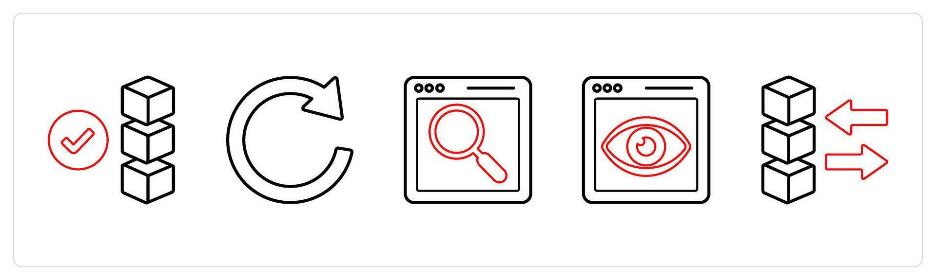 A set of 5 mix icons as verified drive, refresh, web search in red line color vector