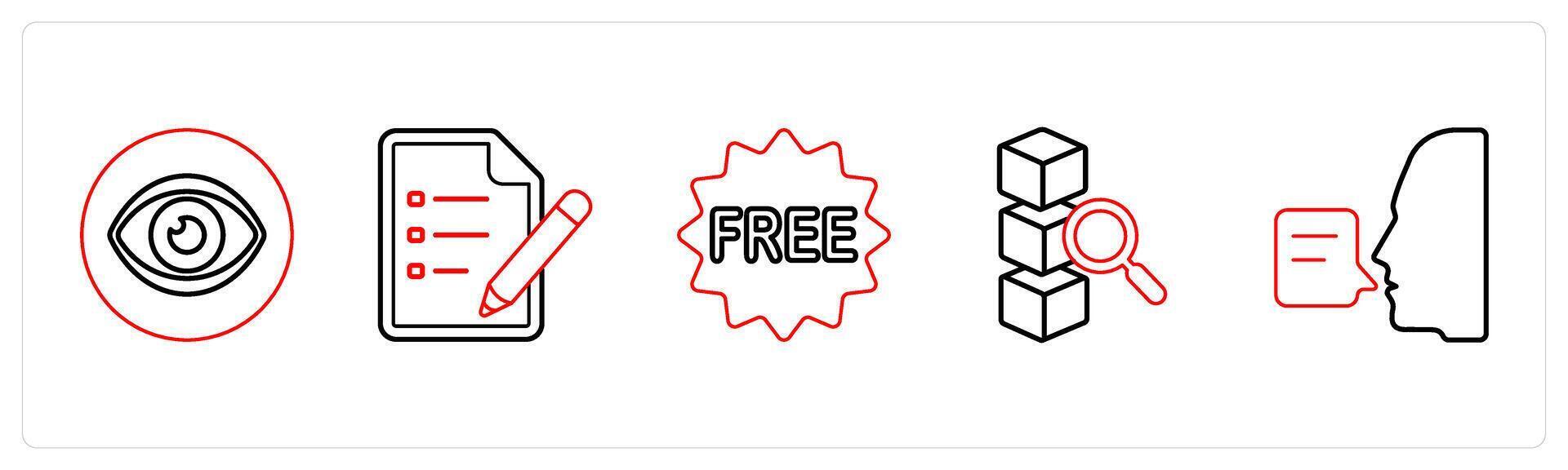 A set of 5 mix icons as vision, text document, free in red line color vector
