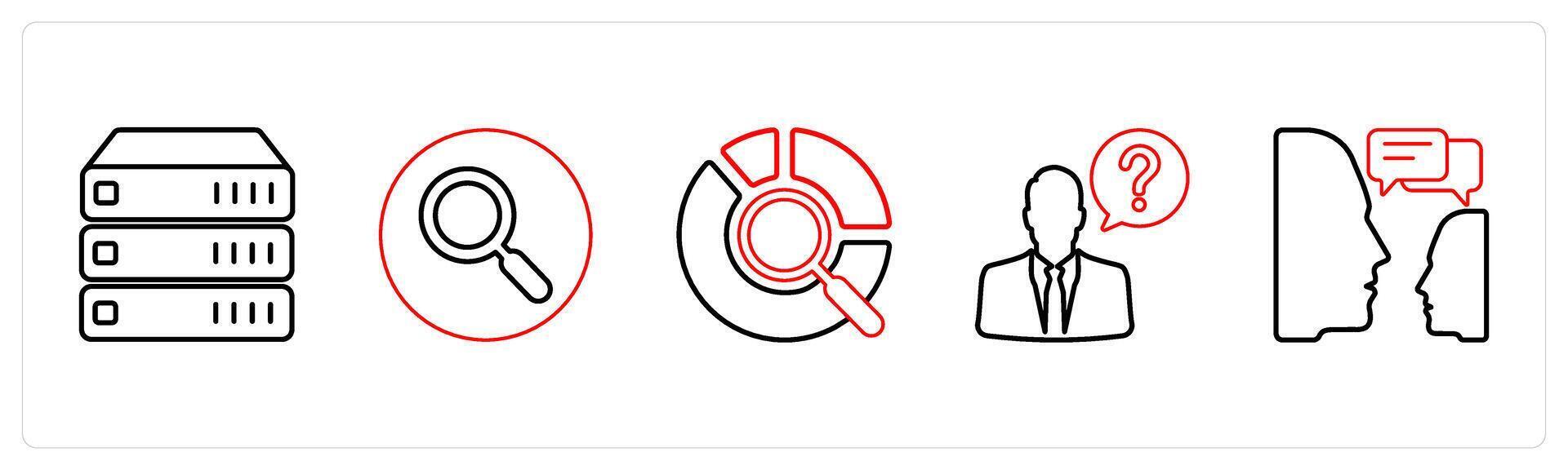 A set of 5 mix icons as server, search, data search in red line color vector