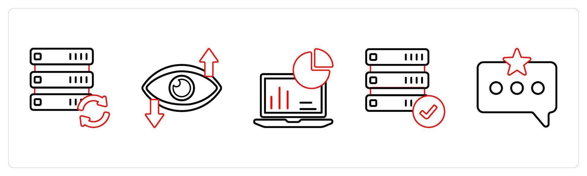 A set of 5 mix icons as drive refresh, vision in red line color vector
