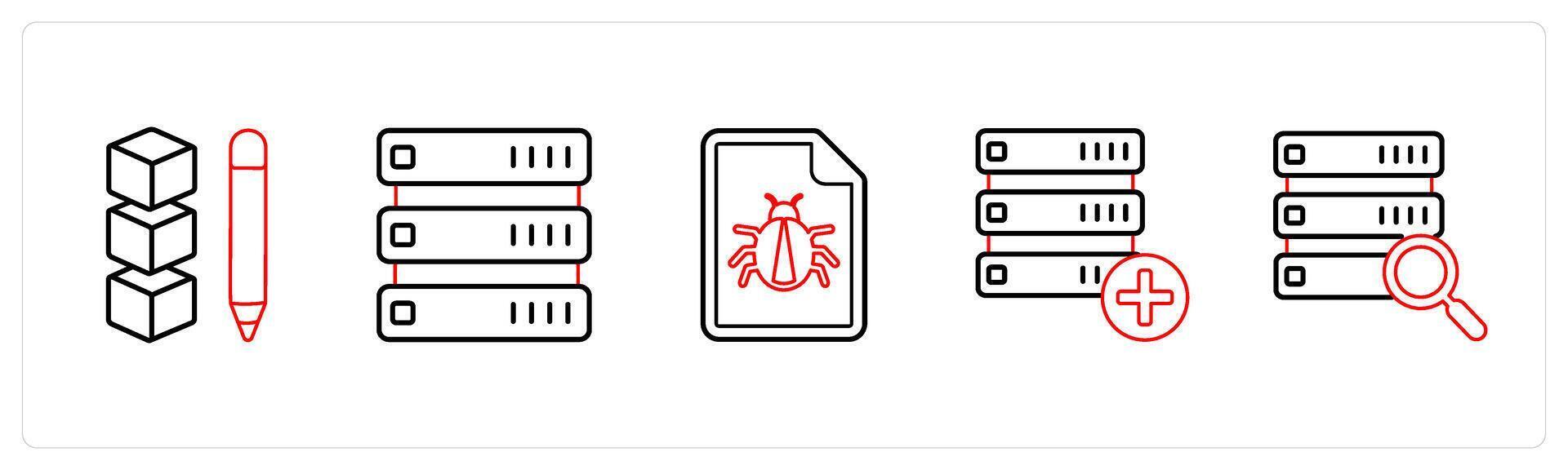 A set of 5 mix icons as edit drive data, server, bug in red line color vector