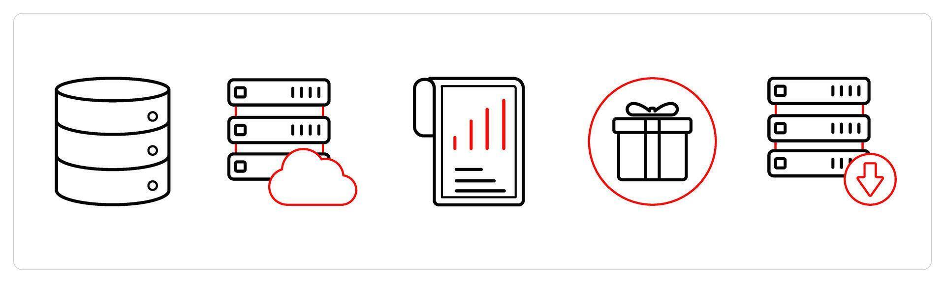 A set of 5 mix icons as drives, cloud drive, performance in red line color vector
