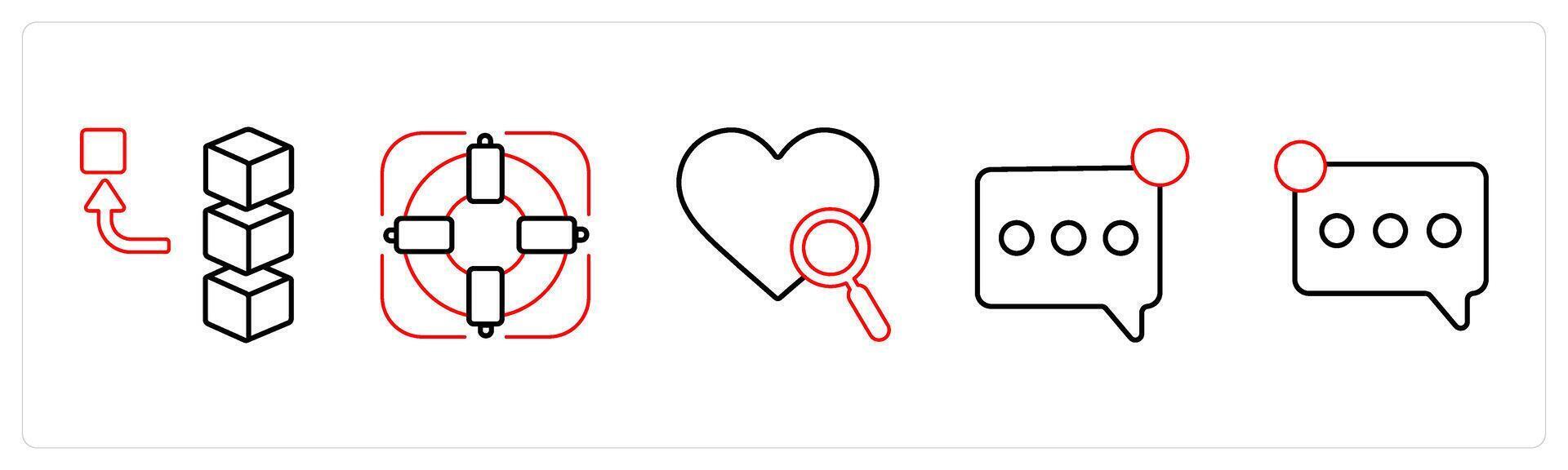 A set of 5 mix icons as remove stack, target, favorite search in red line color vector