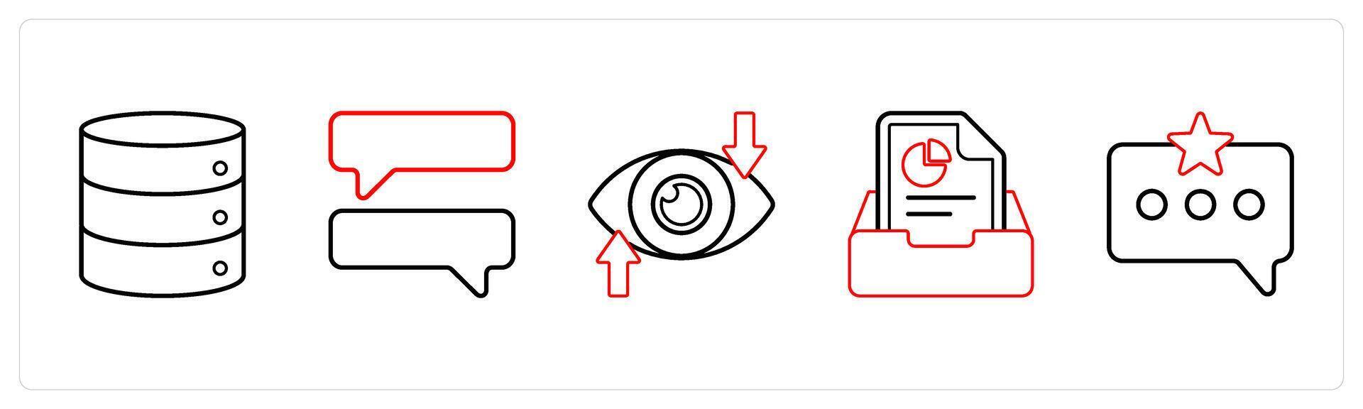 A set of 5 mix icons as drives, chat, vision in red line color vector