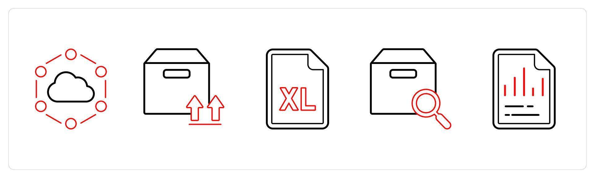 A set of 5 mix icons as cloud connection, upload folder, excel sheet in red line color vector